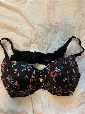 Black Butterfly Print Push-Up Bra with Strappy Detail